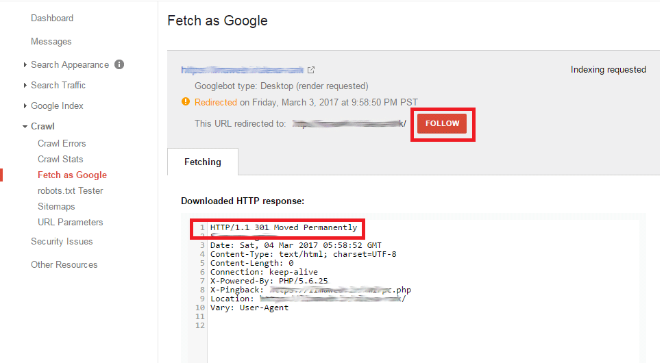 رفع خطای Redirected در Fetch as Google